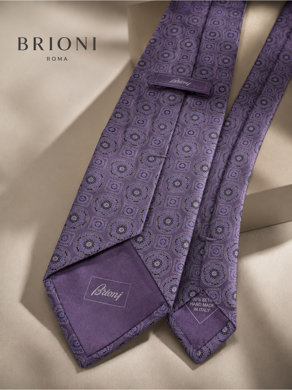 Brioni Purple Medallion Silk Tie Handmade in Italy 3.5”